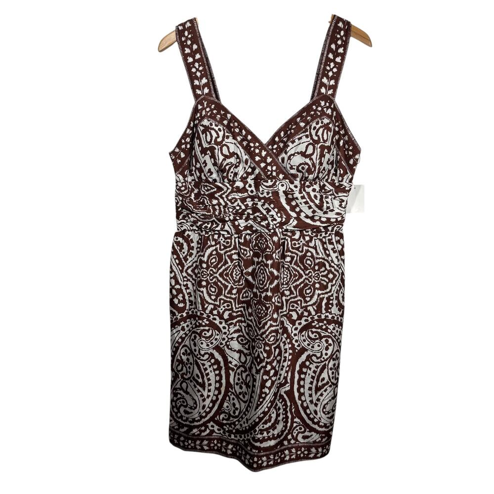 Donna Morgan Dress 14 Brown White Paisley Floral 100% Silk Sheath Preppy Y2K